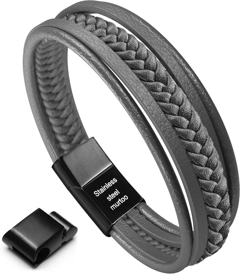 Murtoo Mens Leather Bracelet with Clasp Cowhide Multi-Layer Braided Leather Mens Bracelet - Image 1